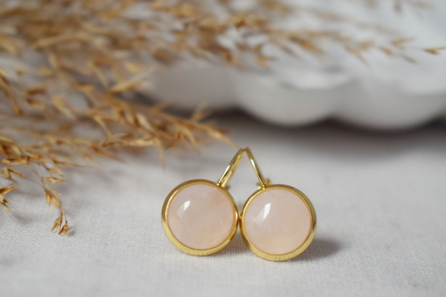 Rosenquarz Ohrringe baumeln, 10mm, Edelstein runde vergoldete Edelstahl Ohrringe mit Hebelverschluss, Schmuck Geschenk für Sie