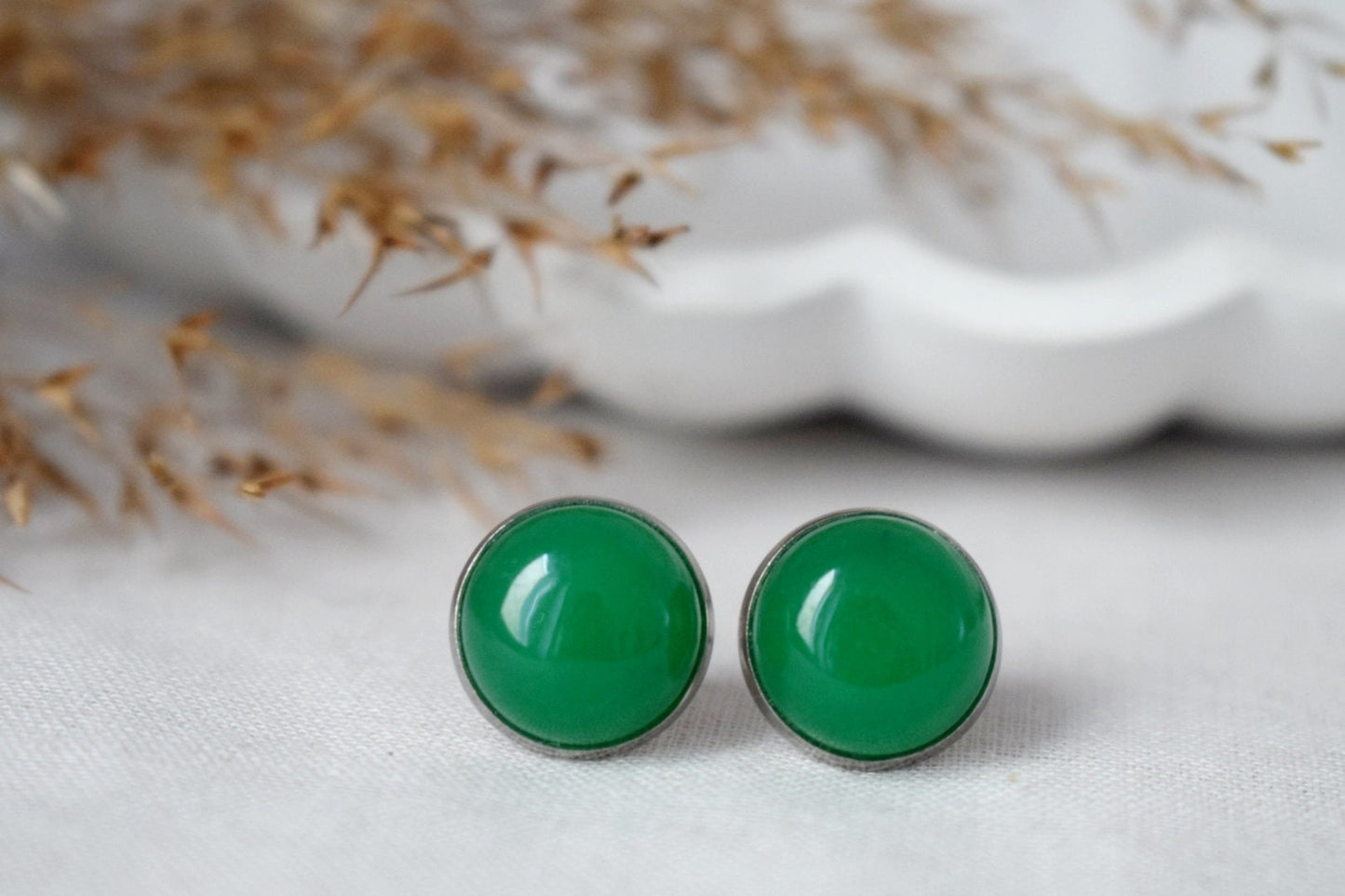 Grüne Jade Ohrstecker, 12mm Runde Edelstein Ohrstecker, Edelstahl Push Beck Ohrringe, Schmuck Geschenk, Muttertagsgeschenk