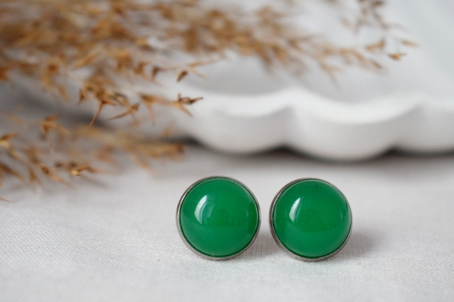 Grüne Jade Ohrstecker, 12mm Runde Edelstein Ohrstecker, Edelstahl Push Beck Ohrringe, Schmuck Geschenk, Muttertagsgeschenk