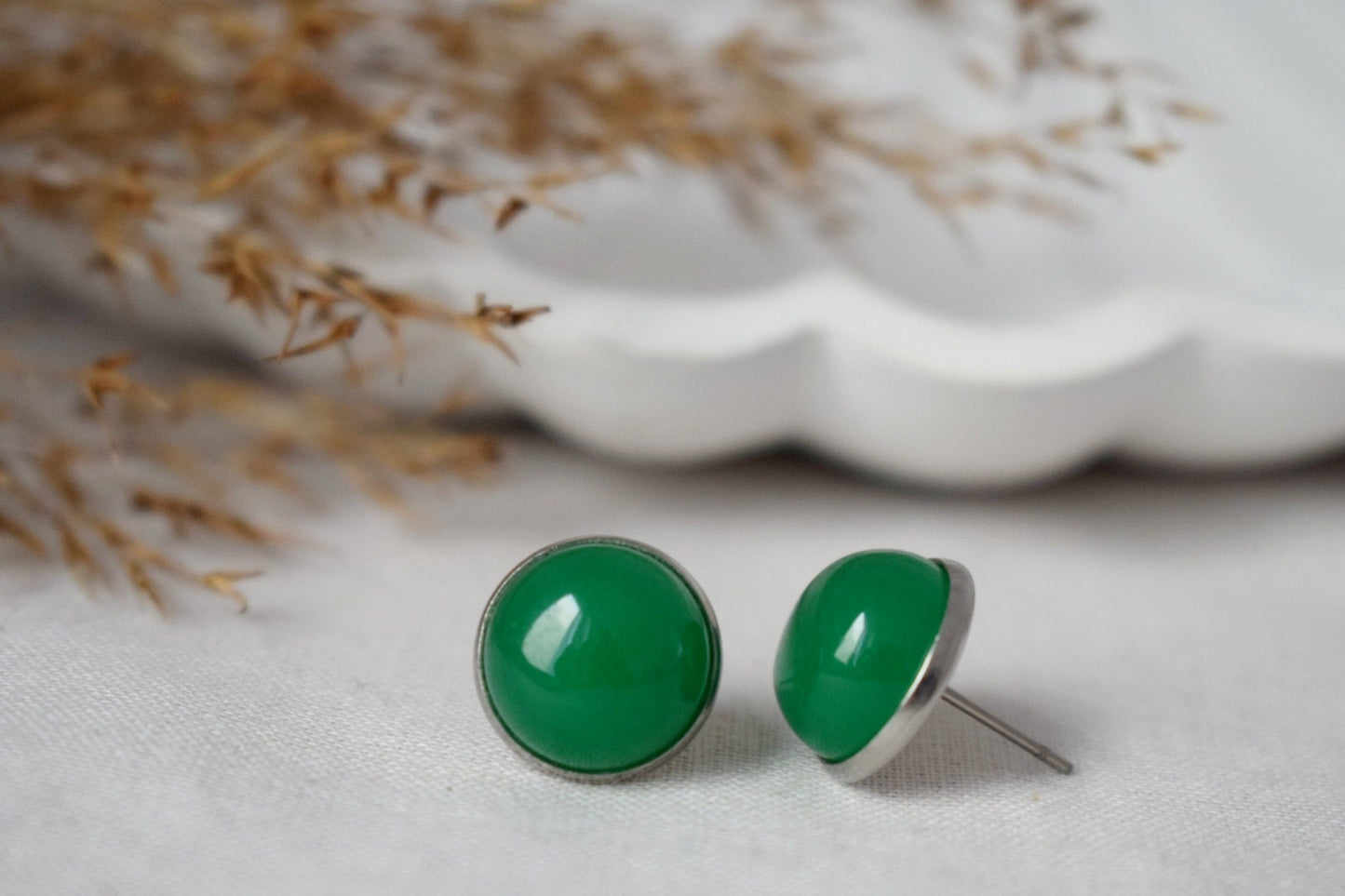 Grüne Jade Ohrstecker, 12mm Runde Edelstein Ohrstecker, Edelstahl Push Beck Ohrringe, Schmuck Geschenk, Muttertagsgeschenk