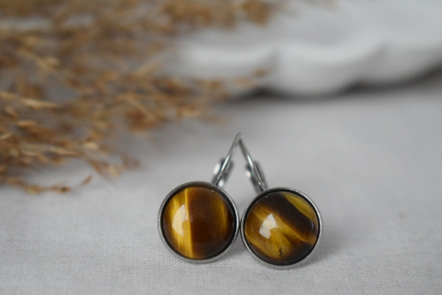 Tigerauge-Ohrhänger mit 12 mm runden Edelstahl-Ohrringen mit Hebelverschluss, Edelstein-Schmuckgeschenk für sie, Bestes Muttertagsgeschenk