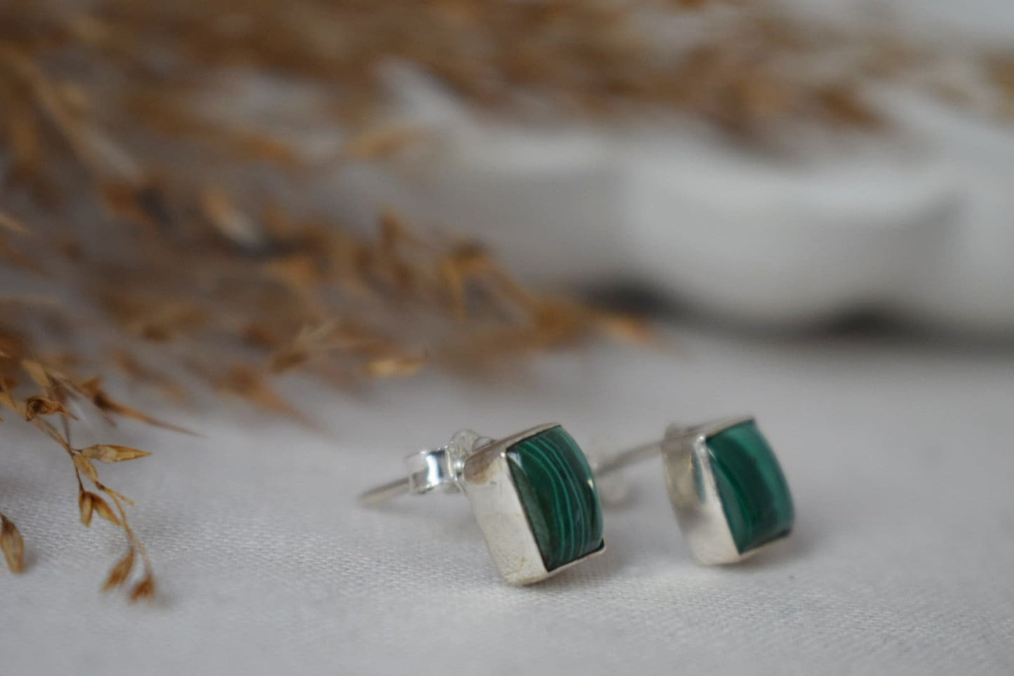 Small Natural Malachite Stud Earrings,  Sterling Silver Rectangle Post Earrings, Green Gemstone Birthstone, Handmade Silver Jewelry Gift her