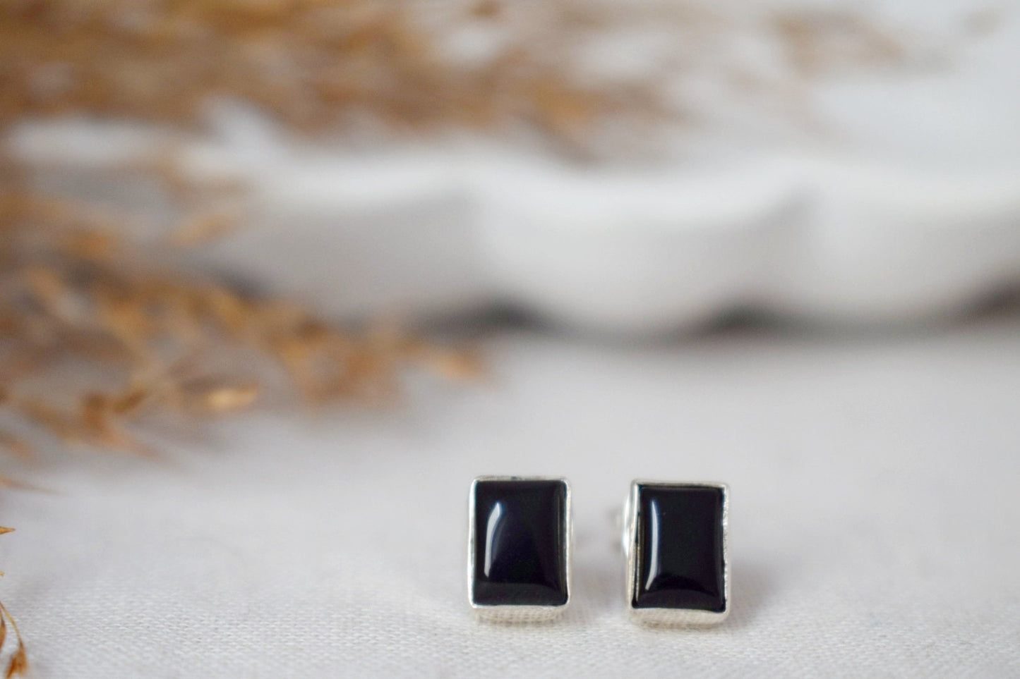 Kleine schwarze Achat Ohrstecker aus Sterling Silber, Rechteckige Edelstein Ohrringe, Geburtsstein 925 Silber Schmuck, Bestes Weihnachtsgeschenk