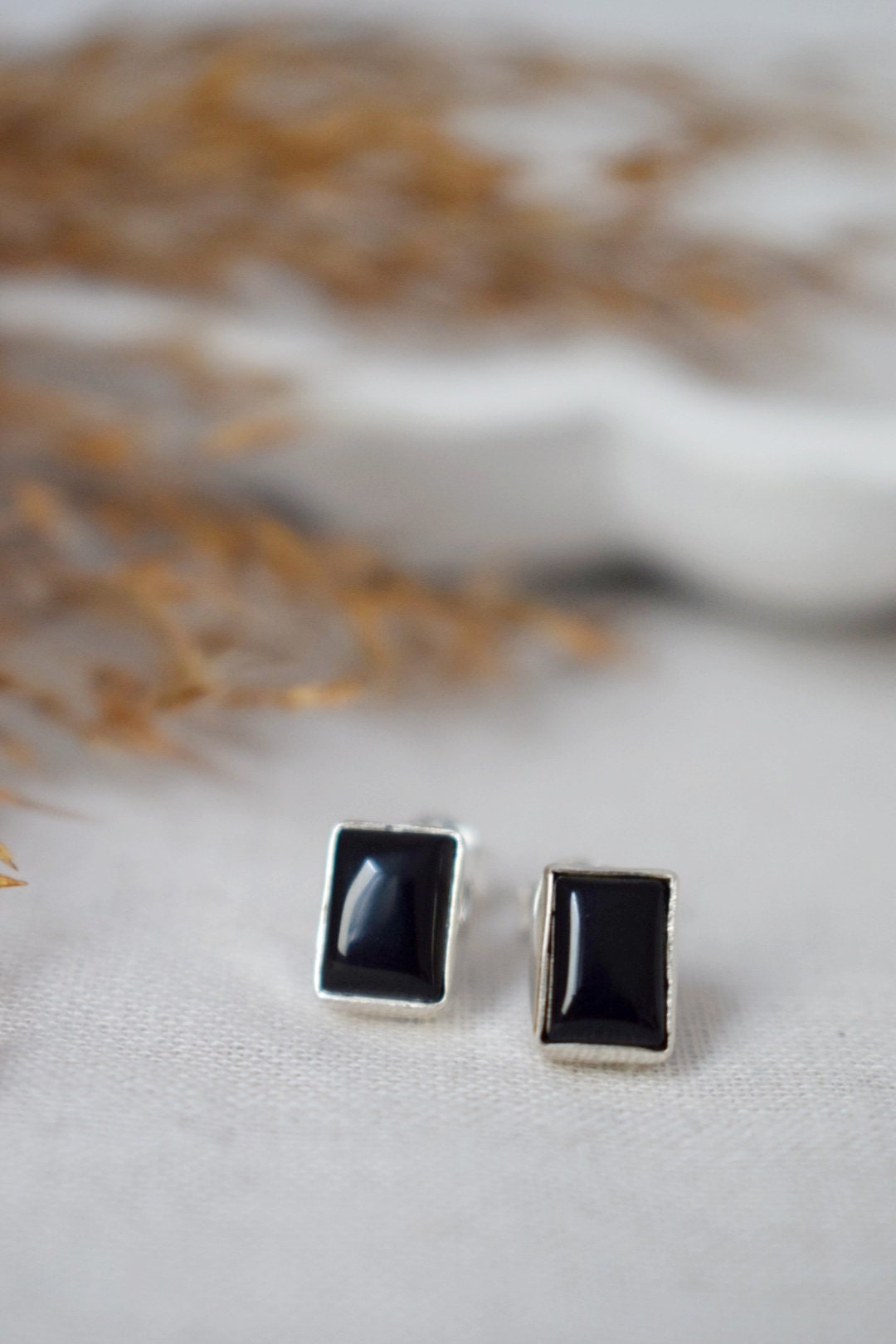 Kleine schwarze Achat Ohrstecker aus Sterling Silber, Rechteckige Edelstein Ohrringe, Geburtsstein 925 Silber Schmuck, Bestes Weihnachtsgeschenk