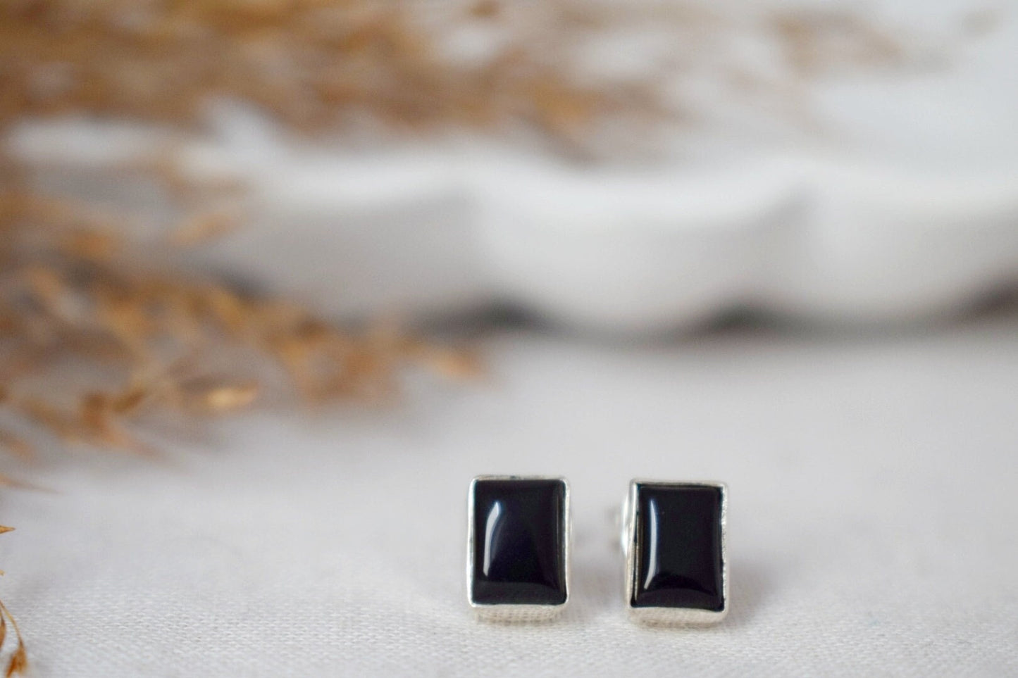 Kleine schwarze Achat Ohrstecker aus Sterling Silber, Rechteckige Edelstein Ohrringe, Geburtsstein 925 Silber Schmuck, Bestes Weihnachtsgeschenk