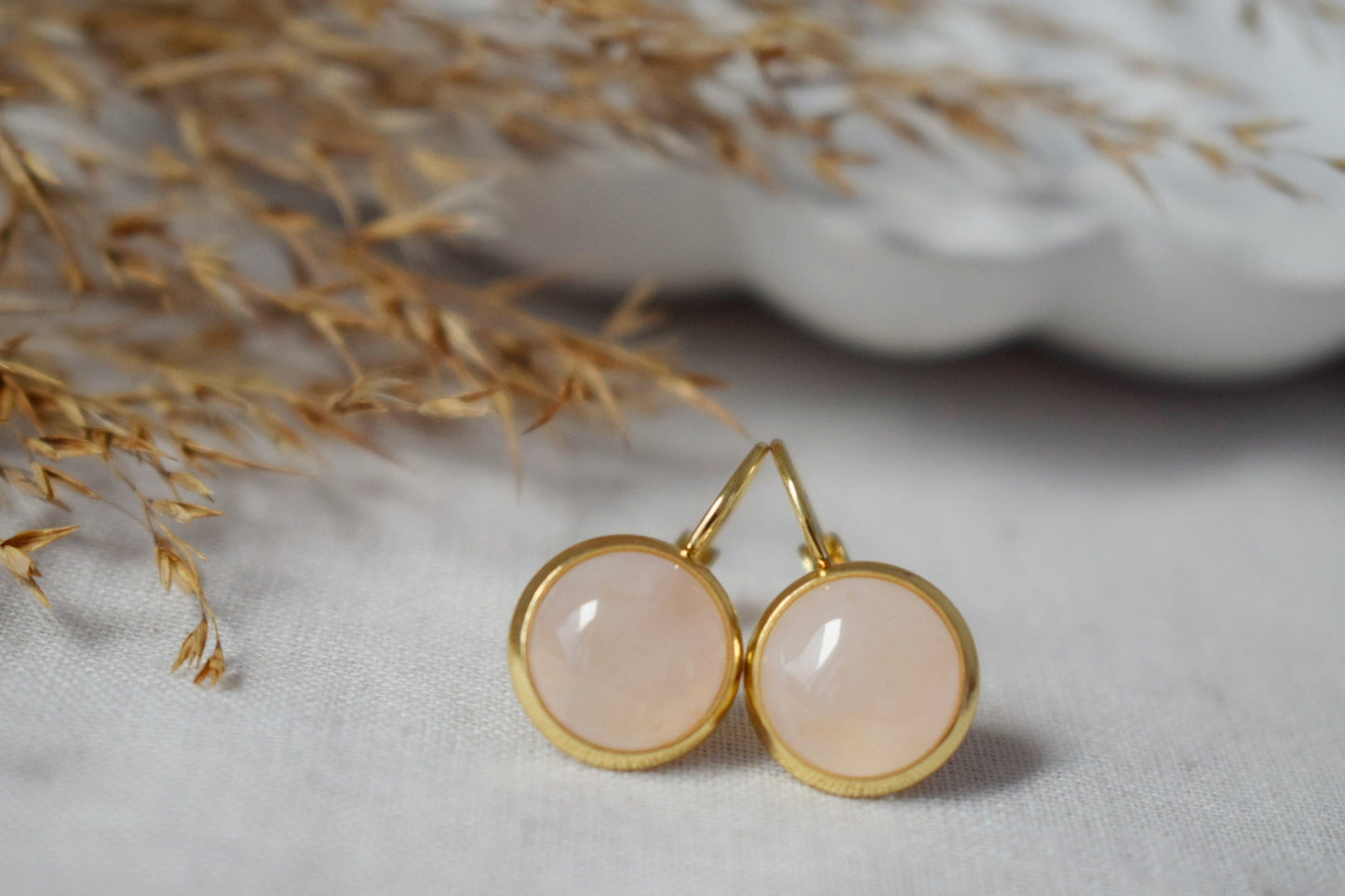 Rosenquarz Ohrringe baumeln, 10mm, Edelstein runde vergoldete Edelstahl Ohrringe mit Hebelverschluss, Schmuck Geschenk für Sie