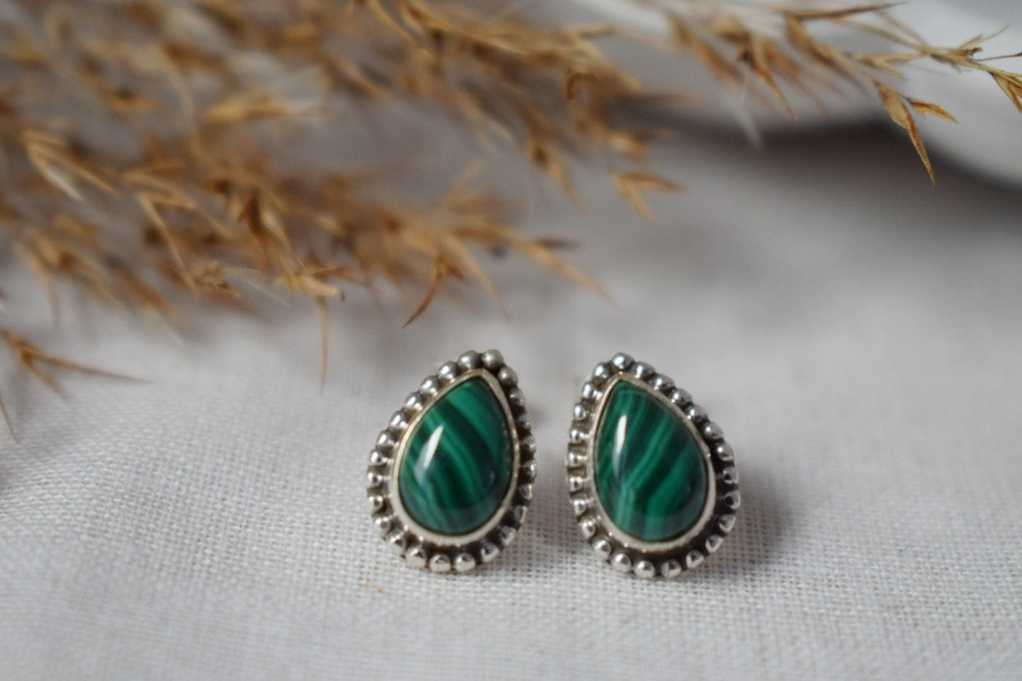 Teardrop Malachite Stud Earrings in 925 Sterling Silver, Small Drop Gemstone, Natural stone, Green Boho Jewelry, Valentine's Gift For Her