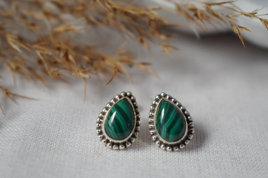 Teardrop Malachite Stud Earrings in 925 Sterling Silver, Small Drop Gemstone, Natural stone, Green Boho Jewelry, Valentine's Gift For Her
