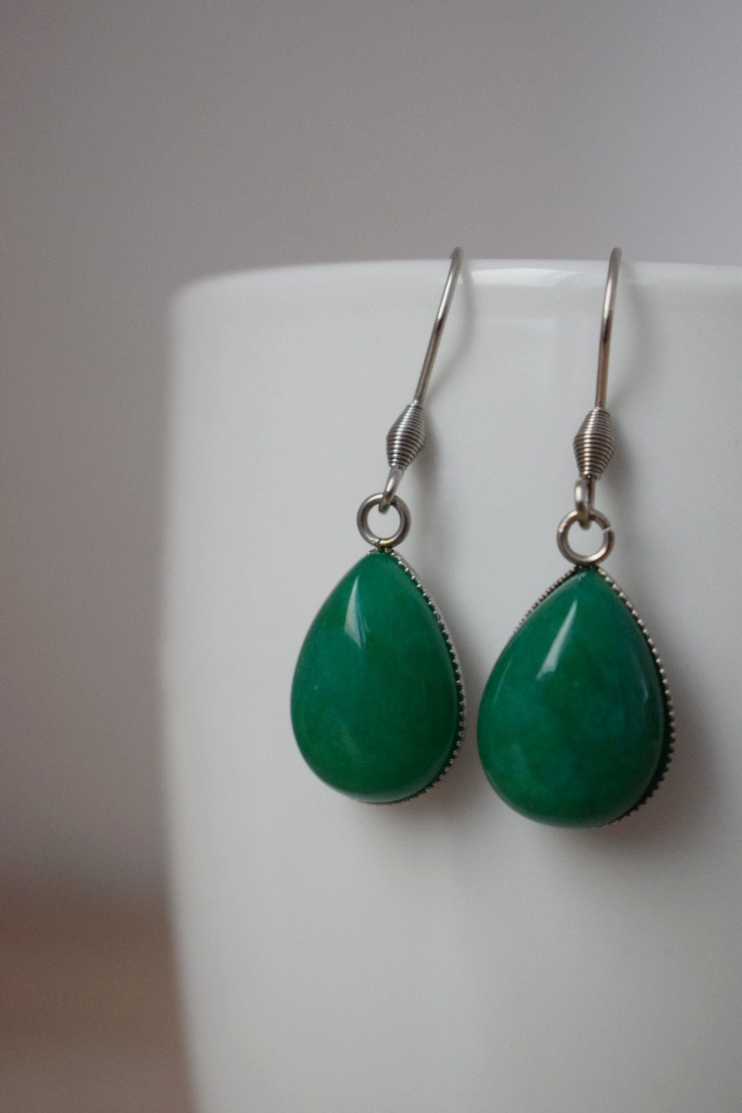 Green jade teardrop earrings, Gemstone dangle and drop hanging earrings, Jade jewelry, Gift for womenBest christmas gift