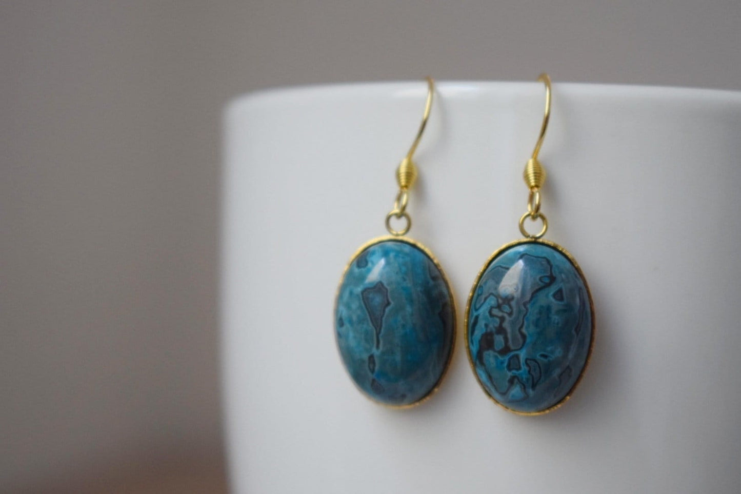 Jaspis Ohrringe Gold, Edelstein Ovale Ohrringe, Blaue Ohrringe, Jaspis Schmuck, Stein Ohrringe, Boho Ohrringe, Boho Schmuck