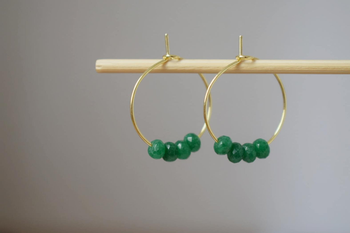 Green jade hoop earrings, Gemstone bead creole, 18k gold plated stainless steel, Emerald green, Minimalist, Boho handmade jewelry gift
