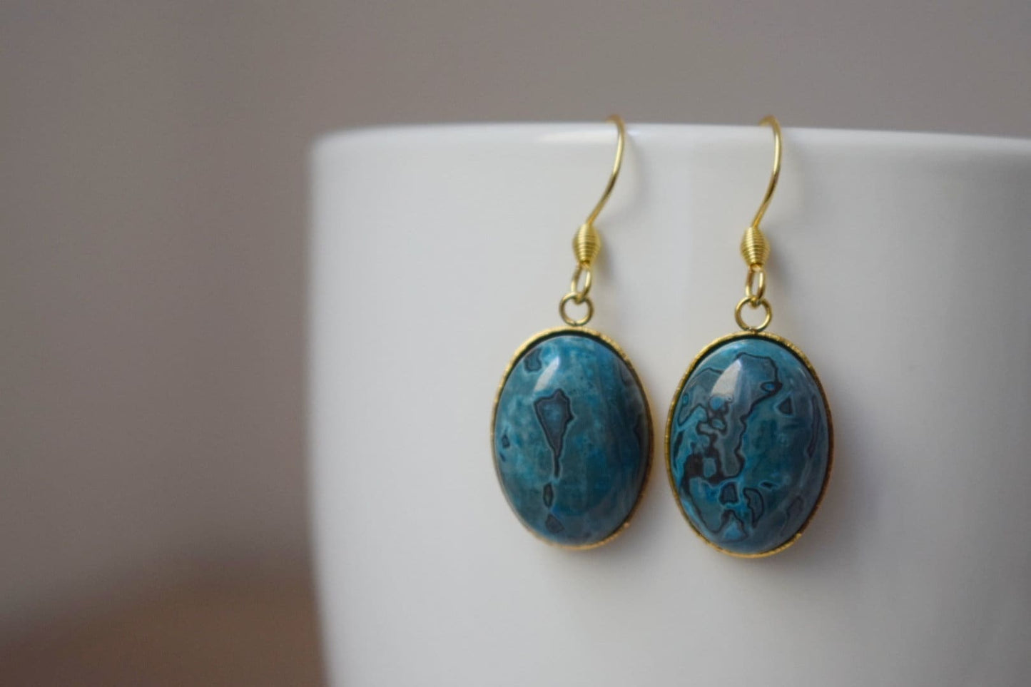 Jaspis Ohrringe Gold, Edelstein Ovale Ohrringe, Blaue Ohrringe, Jaspis Schmuck, Stein Ohrringe, Boho Ohrringe, Boho Schmuck