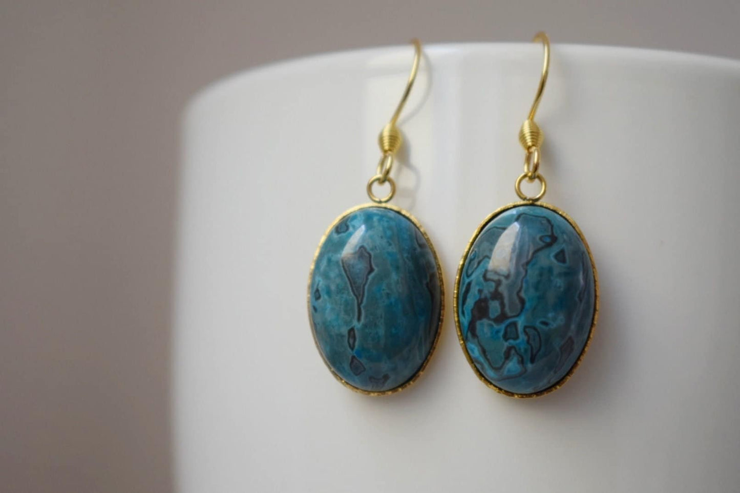 Jaspis Ohrringe Gold, Edelstein Ovale Ohrringe, Blaue Ohrringe, Jaspis Schmuck, Stein Ohrringe, Boho Ohrringe, Boho Schmuck