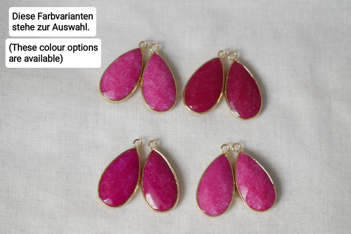 Tropfenförmige rosa Jade-Ohrringe, Lange vergoldete Edelstein-Ohrringe, Facettierte magentafarbene Anhänger-Ohrringe, Edelstahl, Jade-Schmuck