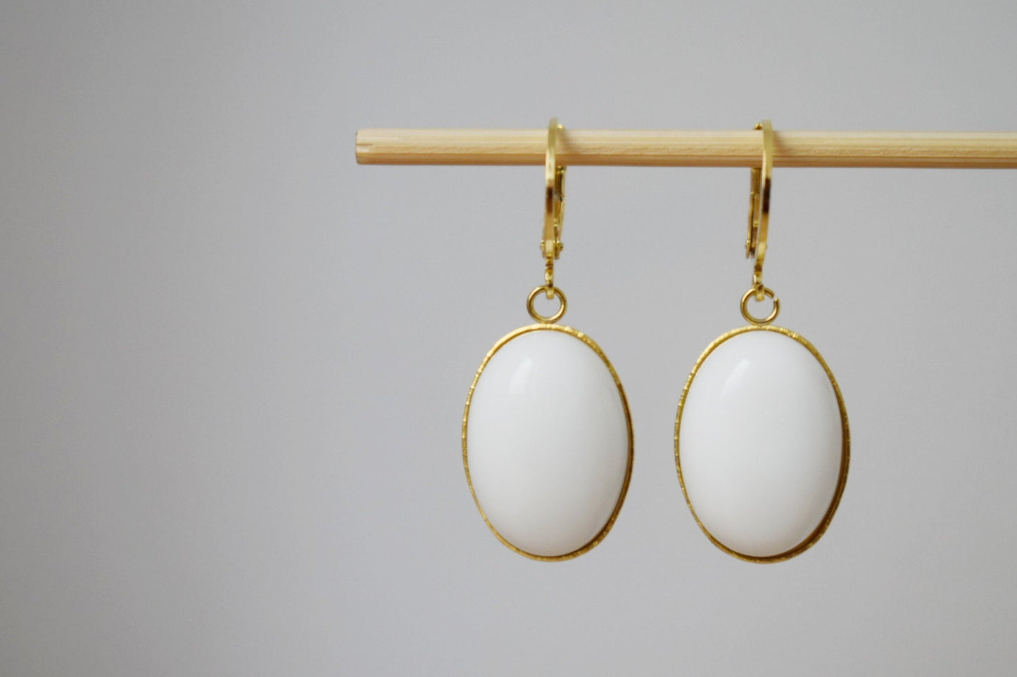 White jade earrings, Huggie hoops, Oval gemstone dangle earrings, Hanging stone earrings, Jade gold plated jewelry, Gifts for women