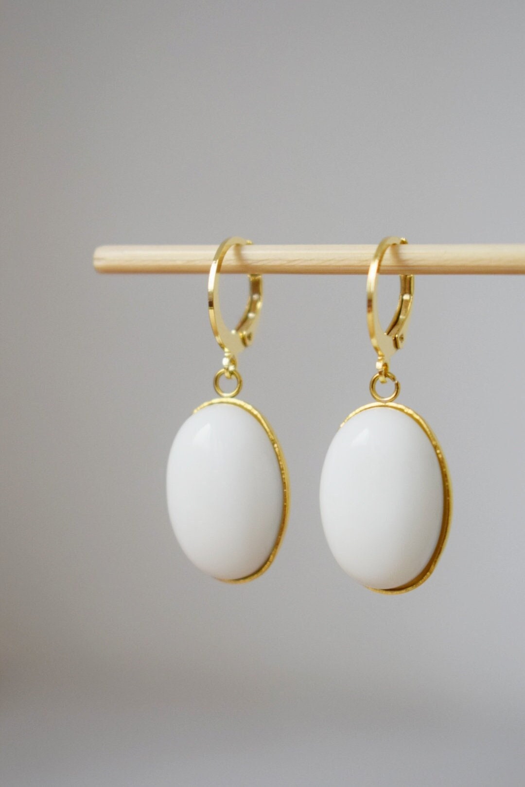 White jade earrings, Huggie hoops, Oval gemstone dangle earrings, Hanging stone earrings, Jade gold plated jewelry, Gifts for women