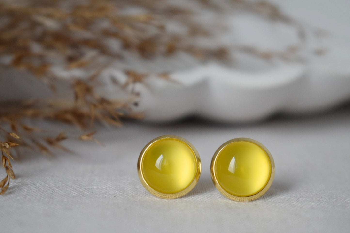 Gelbe Achat 8mm Ohrstecker vergoldet Edelstahl kleine runde Edelstein Ohrringe, Unisex Schmuck GeschenkBestes Weihnachtsgeschenk