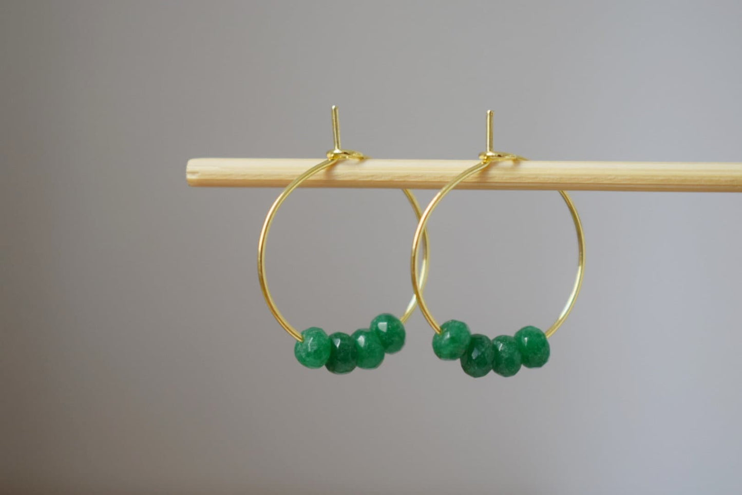 Green jade hoop earrings, Gemstone bead creole, 18k gold plated stainless steel, Emerald green, Minimalist, Boho handmade jewelry gift