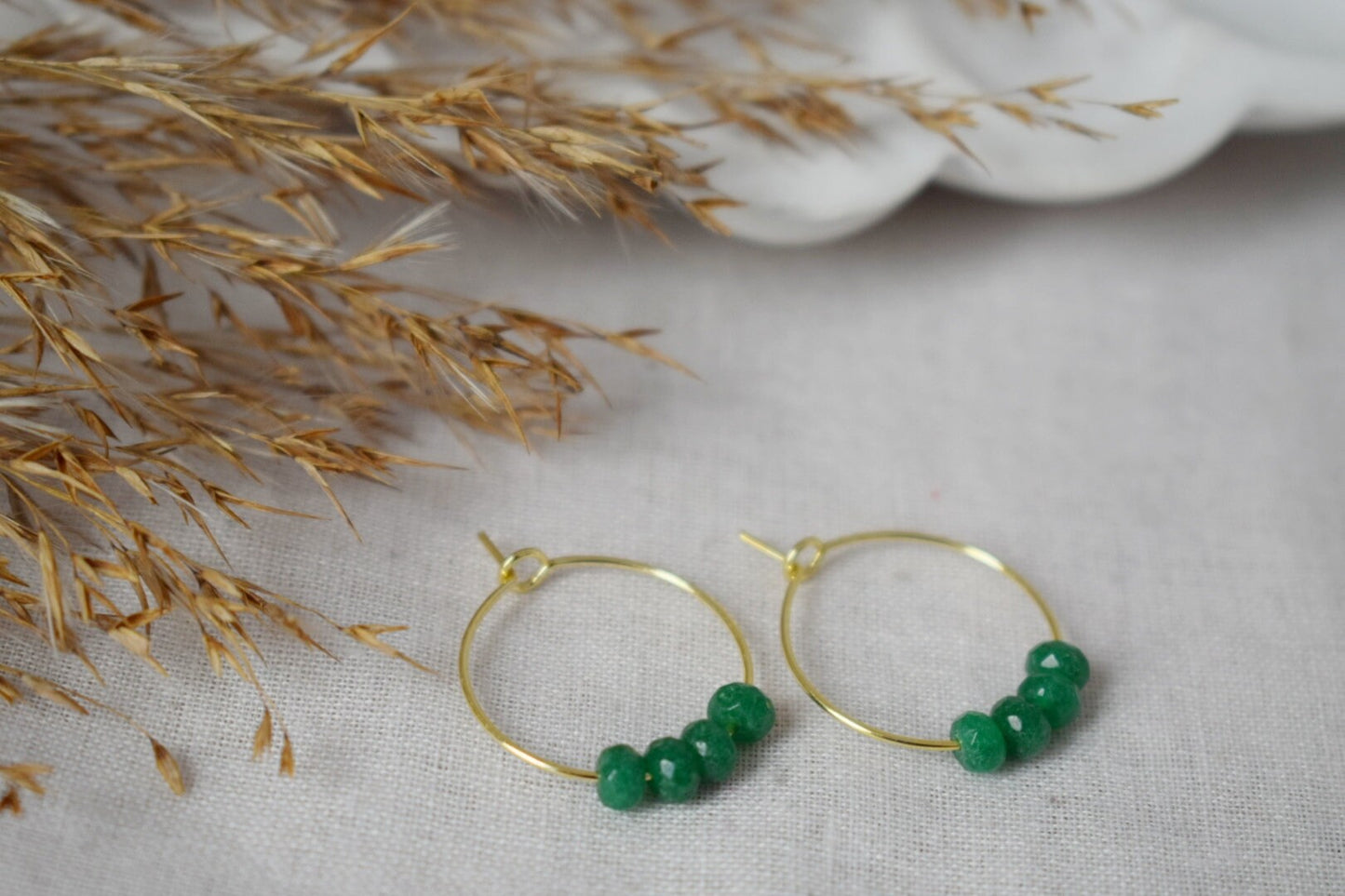 Green jade hoop earrings, Gemstone bead creole, 18k gold plated stainless steel, Emerald green, Minimalist, Boho handmade jewelry gift