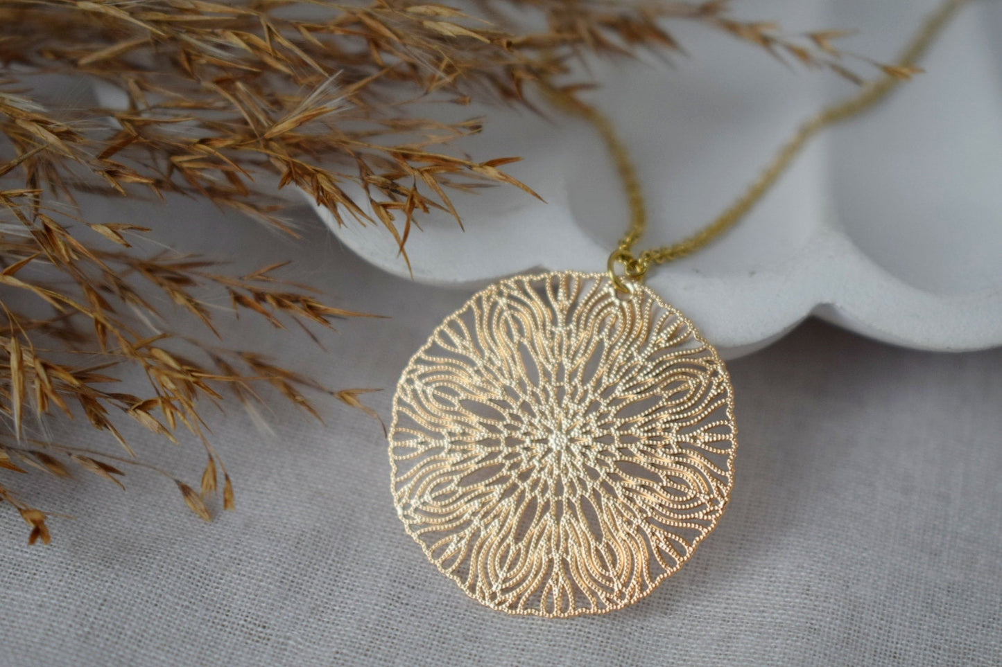 Ornament necklace for women, Mandala earrings, Stainless steel gold plated necklace, Boho filigree pendant, Mandala jewelry, Gift for her
