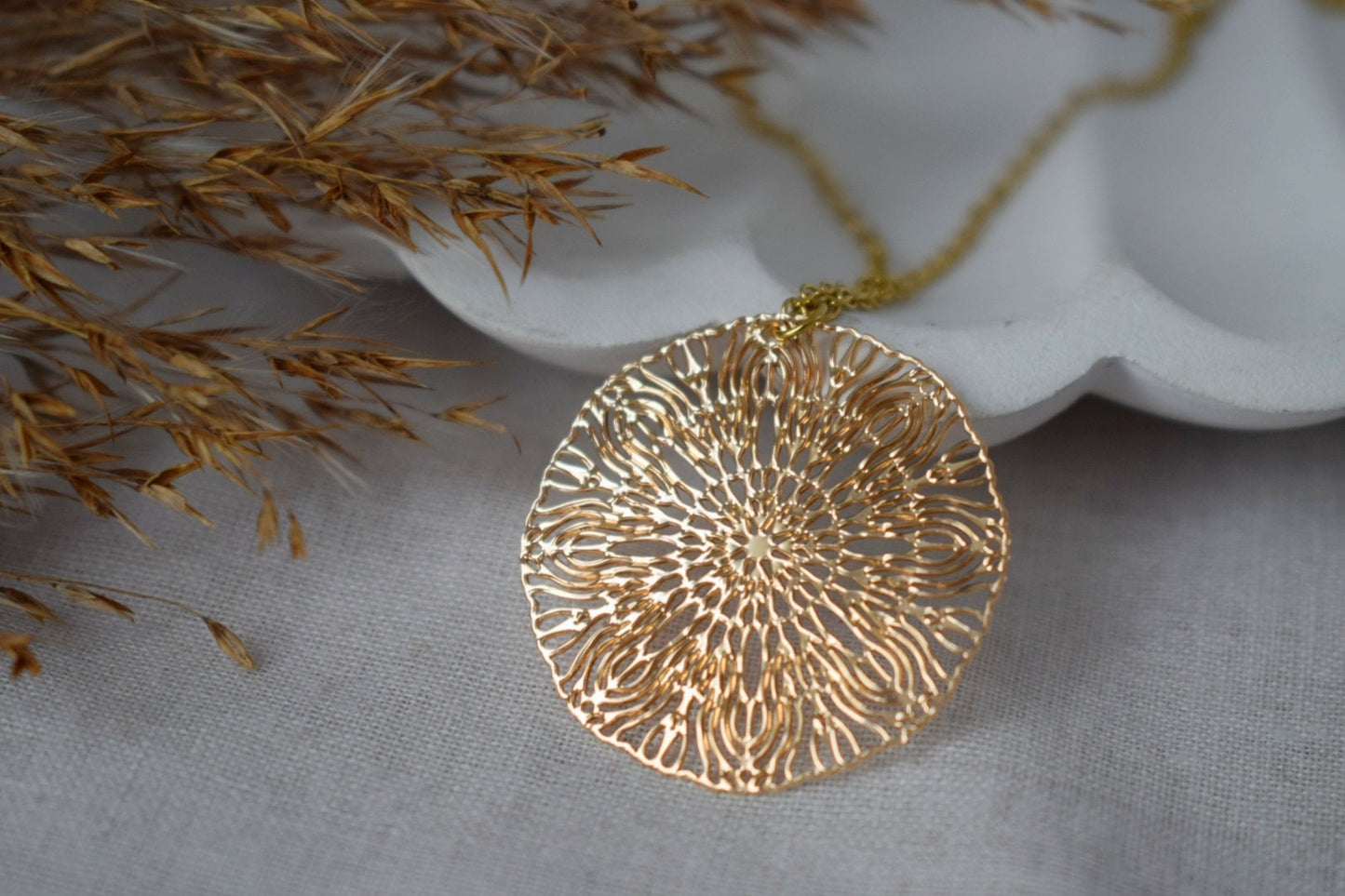 Ornament necklace for women, Mandala earrings, Stainless steel gold plated necklace, Boho filigree pendant, Mandala jewelry, Gift for her