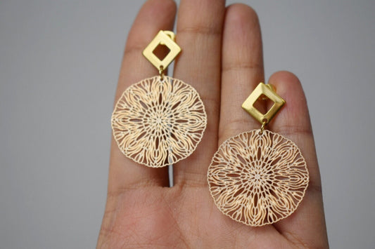 Ornament earrings for women, Mandala stud earrings, Rhombus studs, Gold plated stainless steel studs, Boho filigree earrings, Jewelry gift
