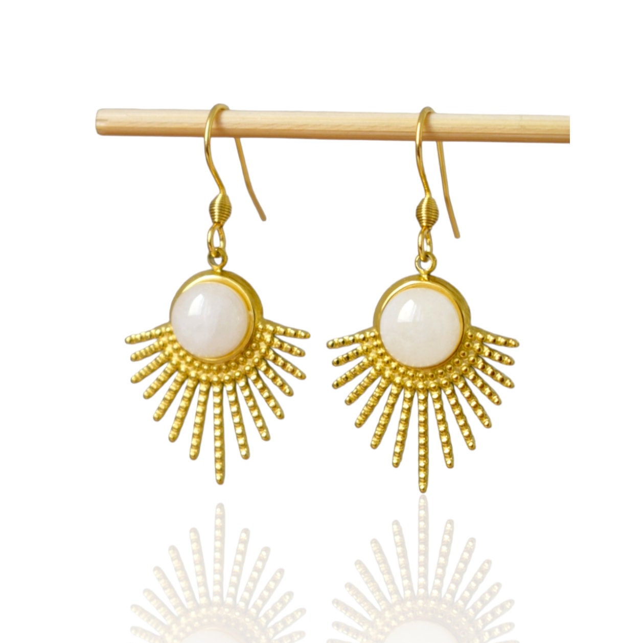 Tigerauge-Ohrringe Gold, Sonnenstrahlen-Ohrhänger, Sunburst, Braungold-Edelstein, 18 Karat vergoldeter Edelstahl, Himmlischer Schmuck