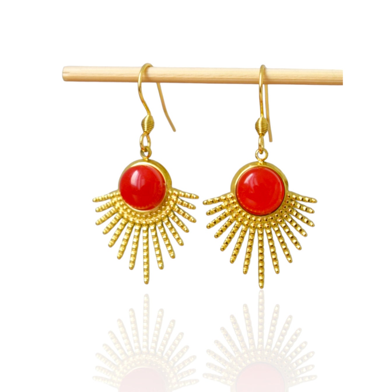 Tigerauge-Ohrringe Gold, Sonnenstrahlen-Ohrhänger, Sunburst, Braungold-Edelstein, 18 Karat vergoldeter Edelstahl, Himmlischer Schmuck