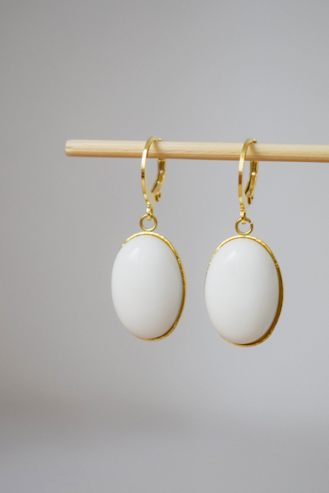 White jade earrings, Huggie hoops, Oval gemstone dangle earrings, Hanging stone earrings, Jade gold plated jewelry, Gifts for women