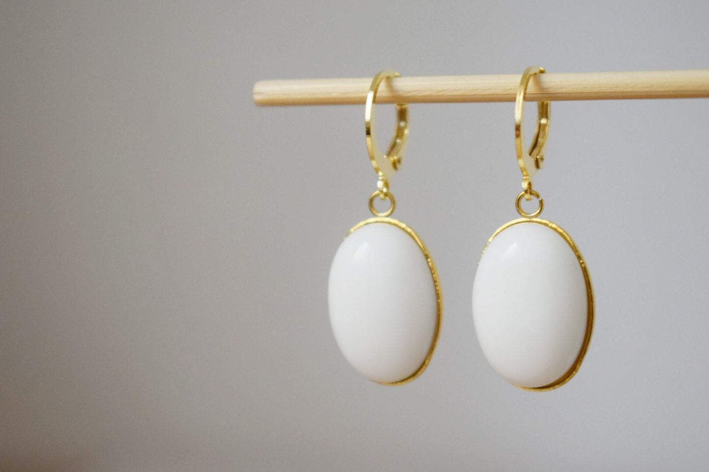 White jade earrings, Huggie hoops, Oval gemstone dangle earrings, Hanging stone earrings, Jade gold plated jewelry, Gifts for women