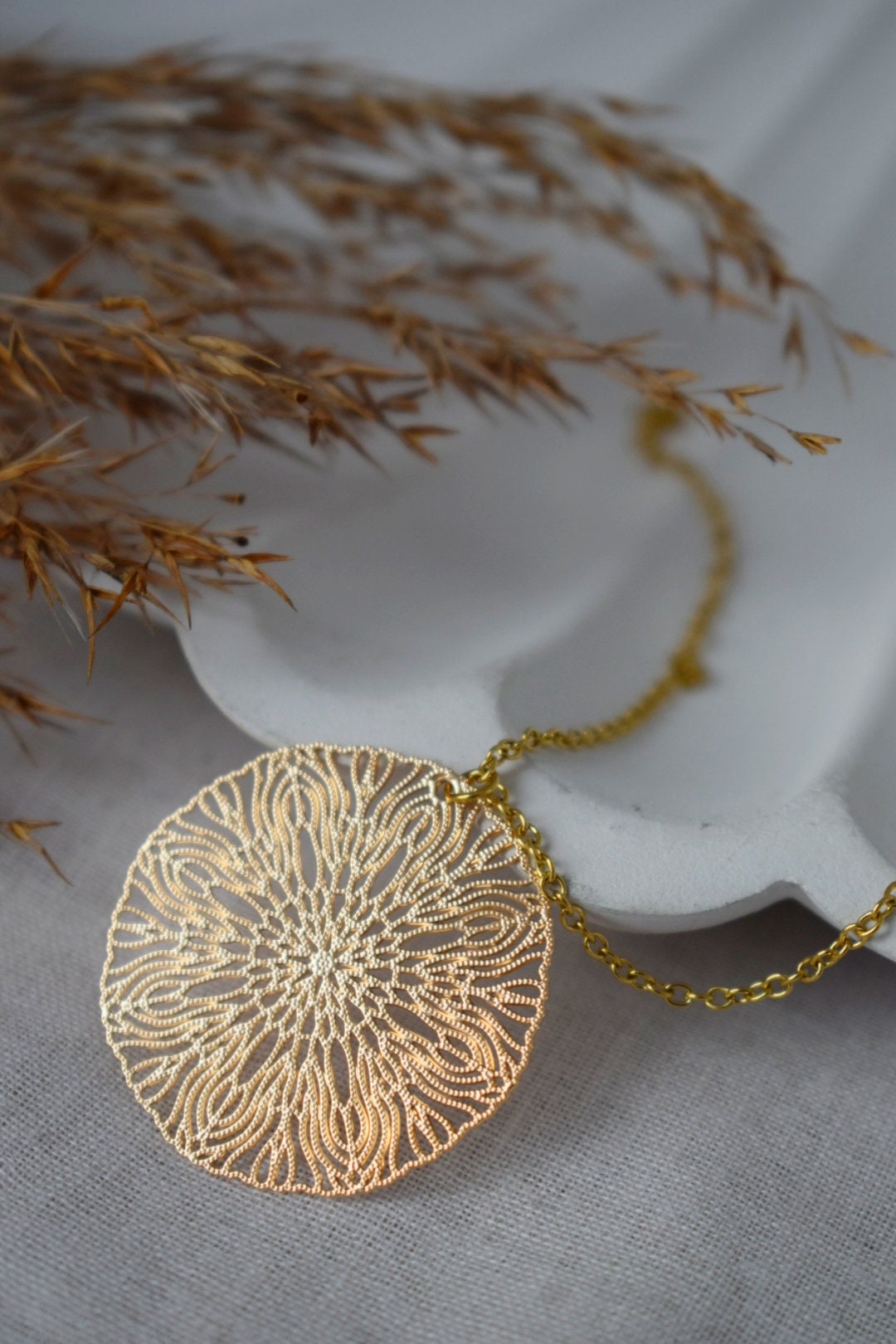 Ornament necklace for women, Mandala earrings, Stainless steel gold plated necklace, Boho filigree pendant, Mandala jewelry, Gift for her