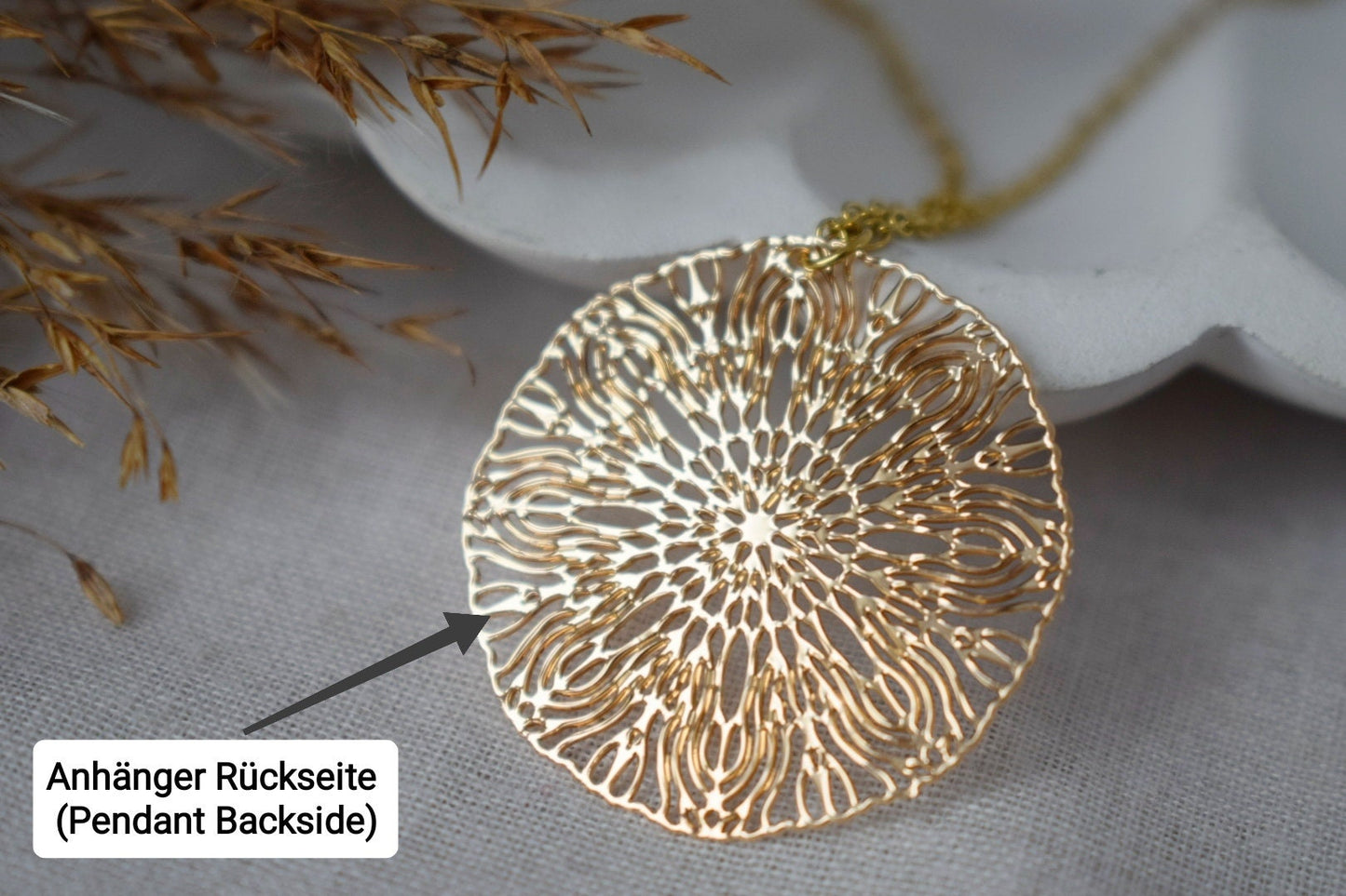 Ornament necklace for women, Mandala earrings, Stainless steel gold plated necklace, Boho filigree pendant, Mandala jewelry, Gift for her