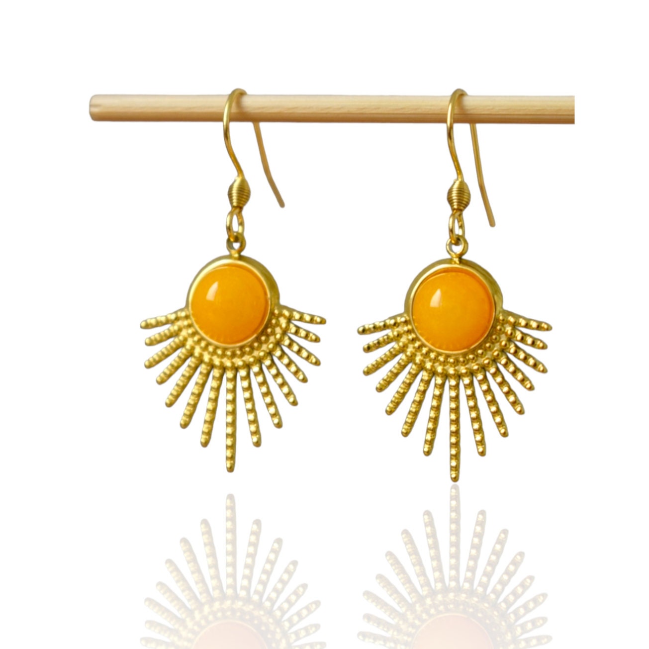 Tigerauge-Ohrringe Gold, Sonnenstrahlen-Ohrhänger, Sunburst, Braungold-Edelstein, 18 Karat vergoldeter Edelstahl, Himmlischer Schmuck