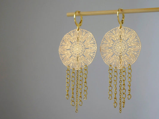 Ornament-Ohrringe für Frauen, goldene Mandala-Ohrringe, Edelstahl-Kettenohrringe, lange filigrane Boho-Ohrringe, Mandala-Schmuck als Geschenk für Sie