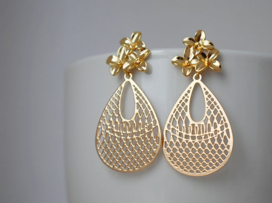 Tropfenförmige Ornament-Ohrringe für Frauen, Boho-Chic-Ohrhänger, Blumen-Ohrstecker, filigrane Ohrringe golden, Einzigartiges Weihnachtsschmuck-Geschenk