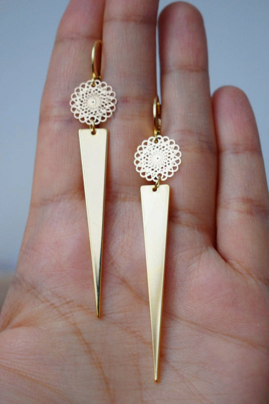 Goldene Mandala-Ohrringe mit Dreiecksanhänger, Huggie-Creolen, lange geometrische Hängeohrringe, Bestes Schmuckgeschenk für Sie