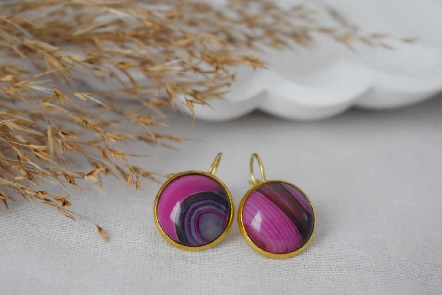 Rosa Ohrringe mit Achatband, Edelstein-Ohrringe mit Hebelverschluss, Rosa Gold, Edelstahl, Stein-Ohrhänger, Einzigartiger Schmuck, Geschenk für Sie