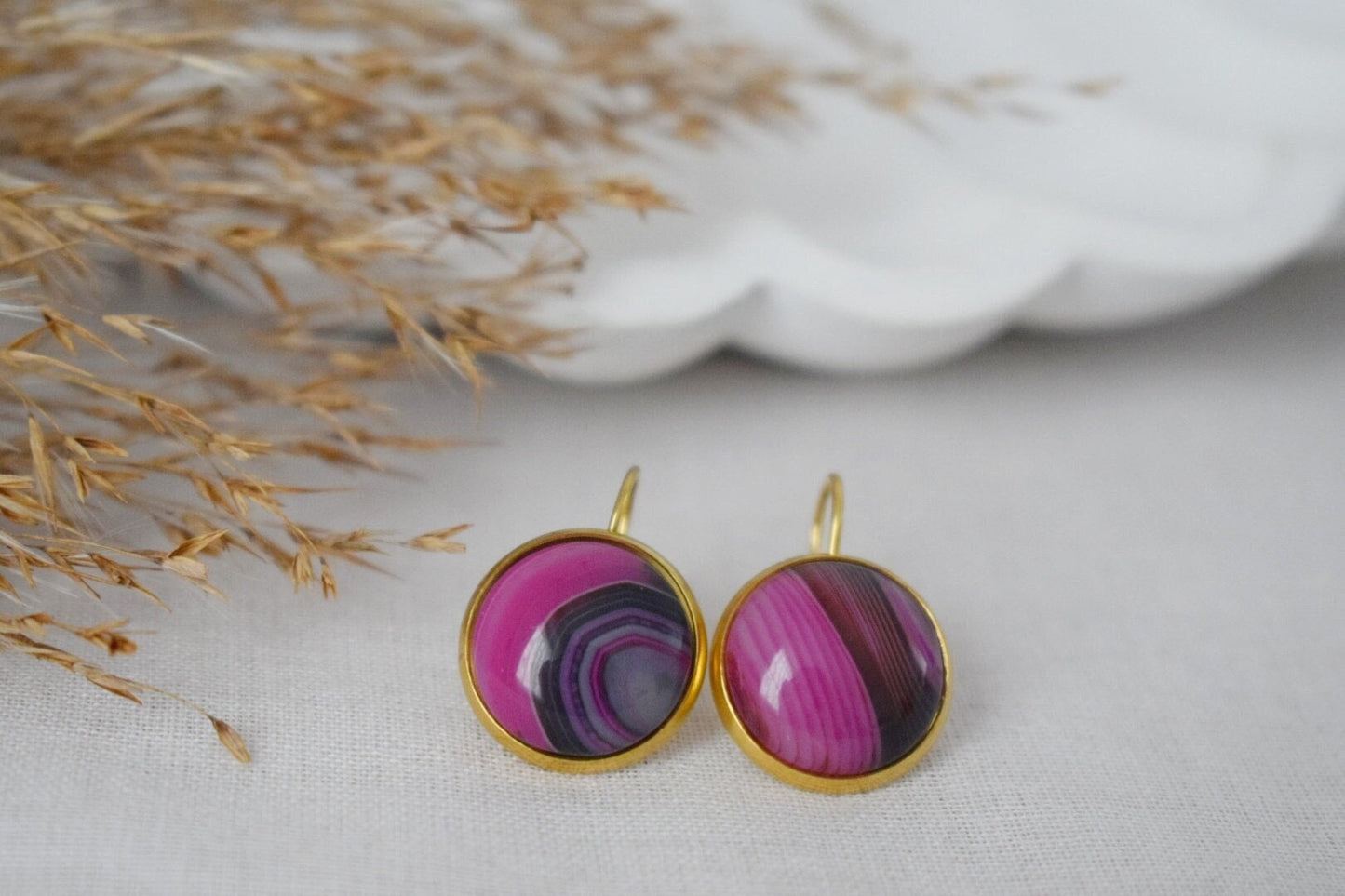 Rosa Ohrringe mit Achatband, Edelstein-Ohrringe mit Hebelverschluss, Rosa Gold, Edelstahl, Stein-Ohrhänger, Einzigartiger Schmuck, Geschenk für Sie