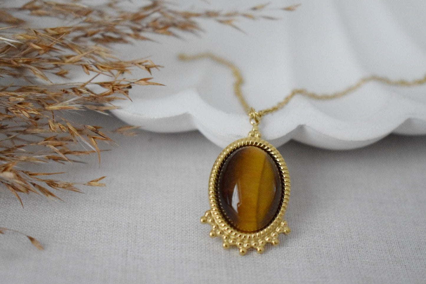 Tigerauge Halskette Gold, Ovale Edelstein Viktorianische Halskette für Frauen, Einzigartiger Anhänger, Stein Statement Halskette, Bestes Schmuck Geschenk für Sie