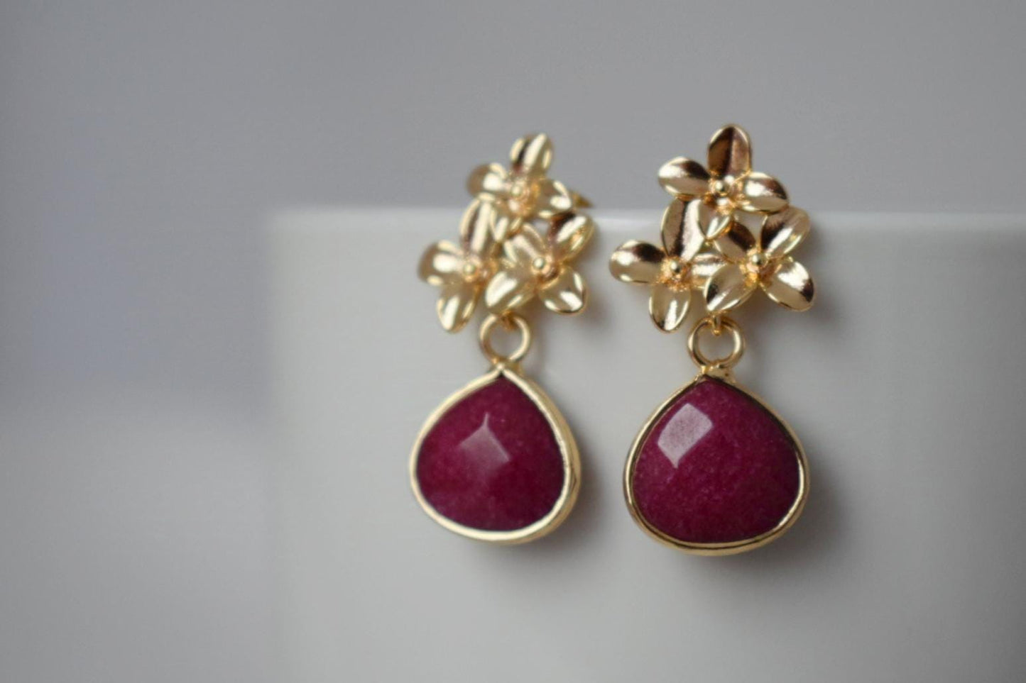Wine Red Jade Teardrop Earrings, Burgundy Gemstone Dangle Earrings, 18K Gold Flower Stud, Handmade Jewelry, Unique Christmas Gift for Her