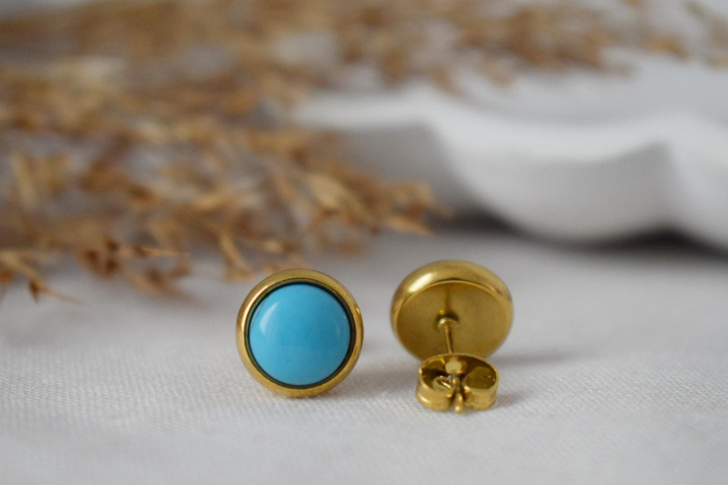 Türkise Ohrstecker, Kleine runde Edelstein Ohrringe, 8mm Push Back Post Ohrringe, Unisex Geschenk Schmuck, Bestes Weihnachtsschmuck Geschenk