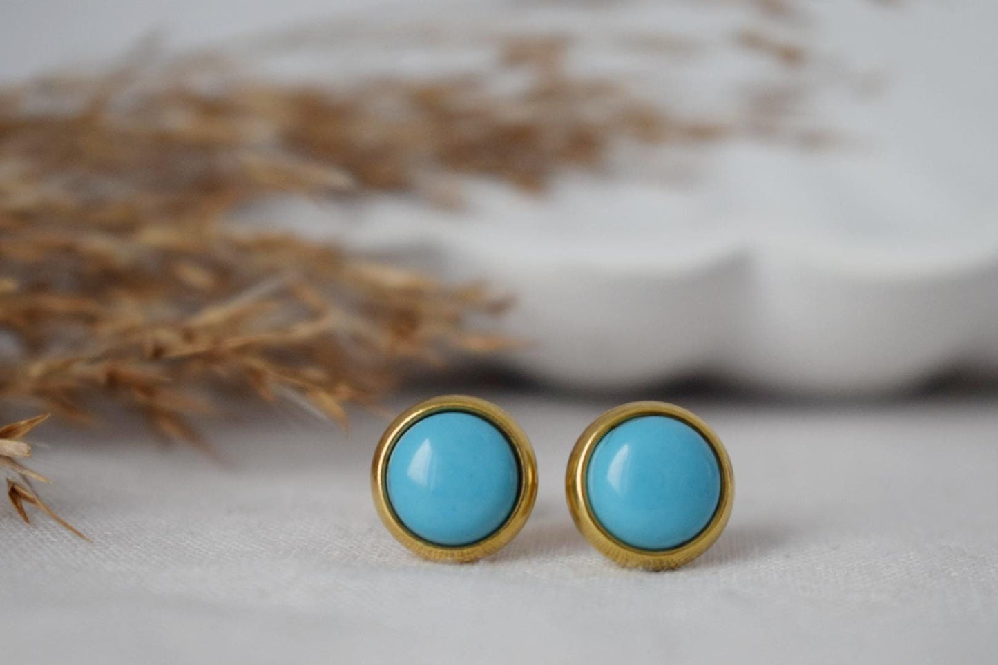 Türkise Ohrstecker, Kleine runde Edelstein Ohrringe, 8mm Push Back Post Ohrringe, Unisex Geschenk Schmuck, Bestes Weihnachtsschmuck Geschenk