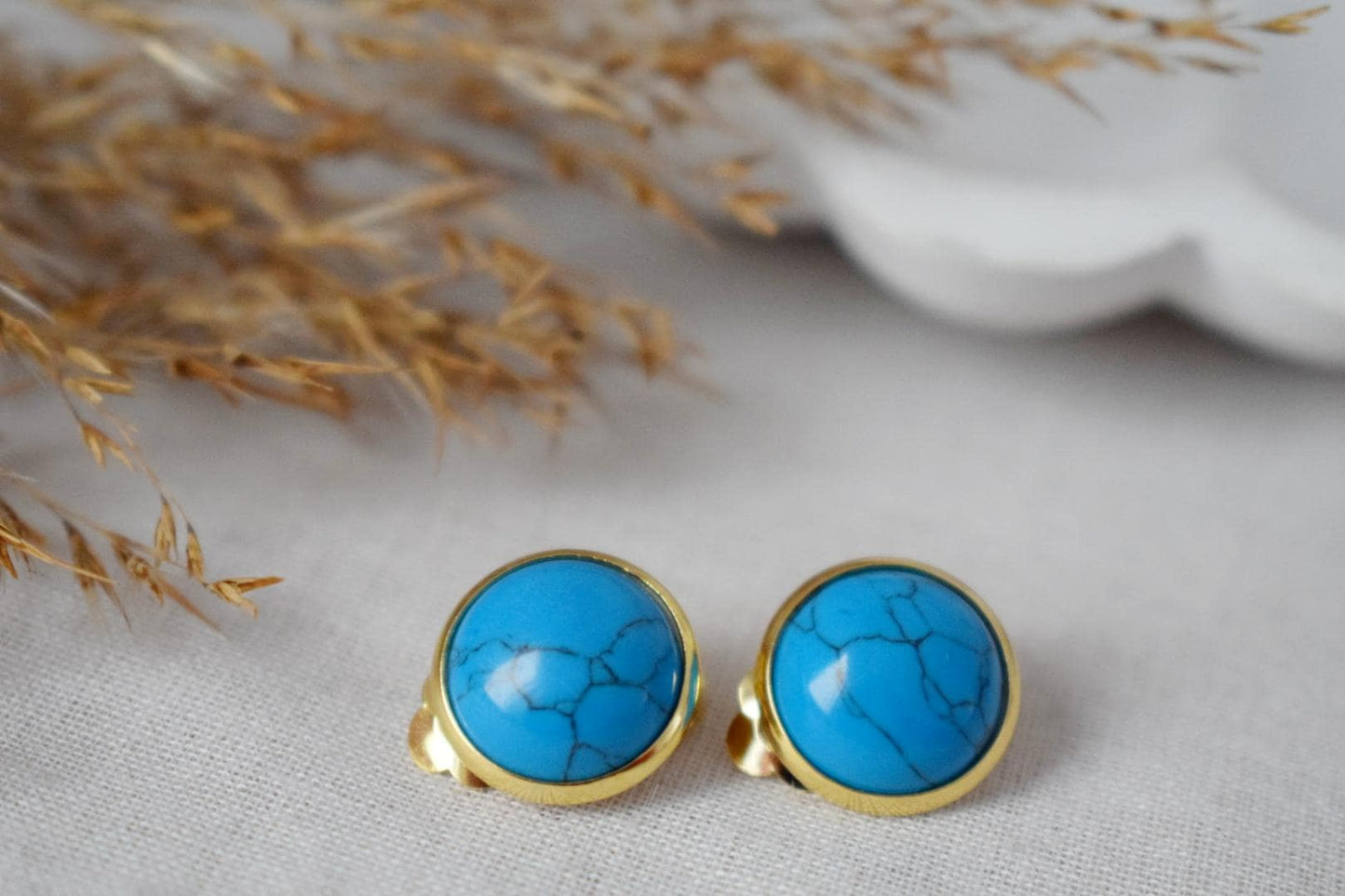 Türkisfarbene Ohrclips, Blaue Edelstein Ohrclips, Leichte, nicht durchbohrte Ohrringe, Ohrringe ohne Loch, handgefertigter Schmuck, Geschenk für Sie