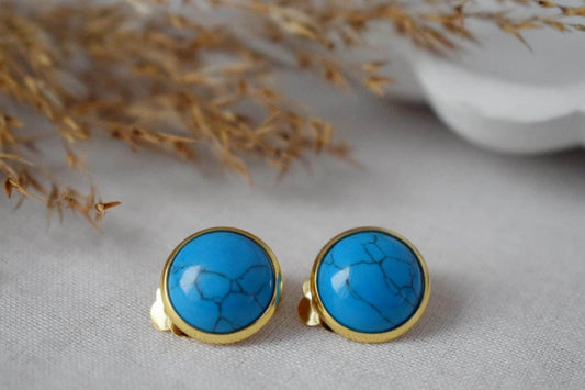 Türkisfarbene Ohrclips, Blaue Edelstein Ohrclips, Leichte, nicht durchbohrte Ohrringe, Ohrringe ohne Loch, handgefertigter Schmuck, Geschenk für Sie