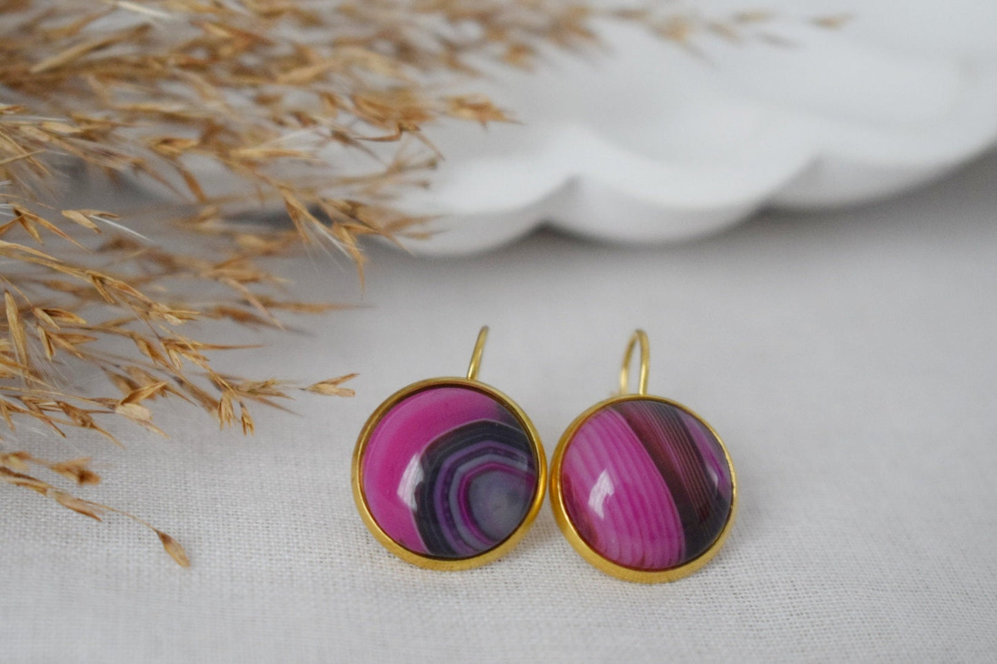 Rosa Ohrringe mit Achatband, Edelstein-Ohrringe mit Hebelverschluss, Rosa Gold, Edelstahl, Stein-Ohrhänger, Einzigartiger Schmuck, Geschenk für Sie