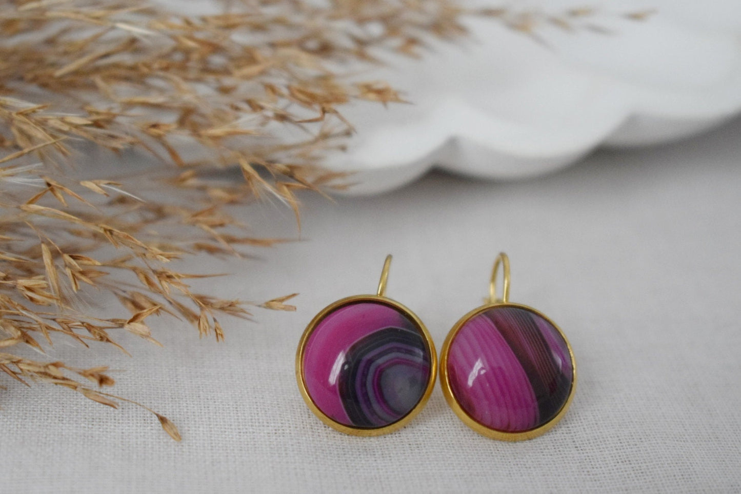 Rosa Ohrringe mit Achatband, Edelstein-Ohrringe mit Hebelverschluss, Rosa Gold, Edelstahl, Stein-Ohrhänger, Einzigartiger Schmuck, Geschenk für Sie