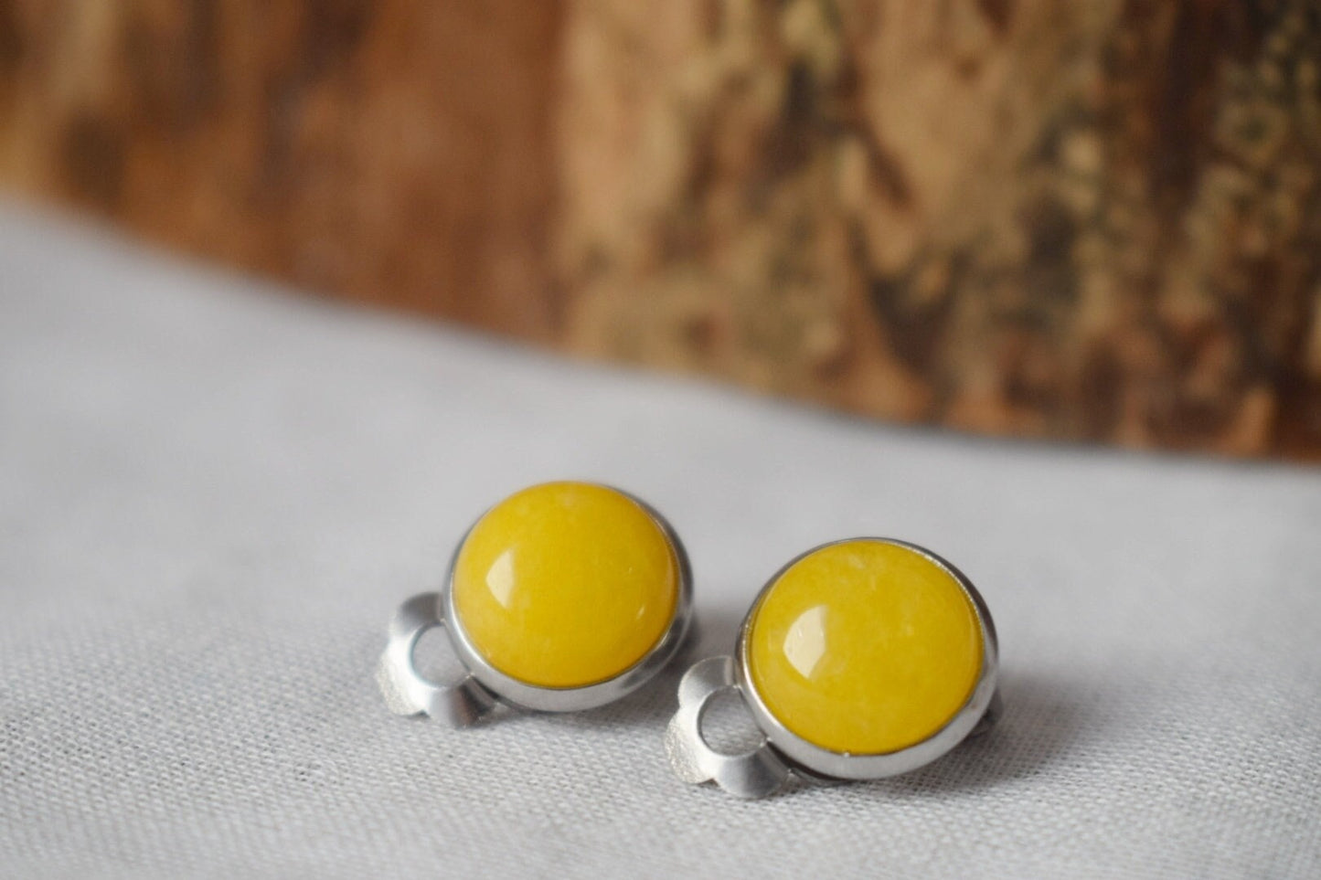 Yellow jade Clip on earrings, Gemstone ear clips, Surgical stainless steel, Stone non pierced earrings, No hole earrings, Best jewelry gift
