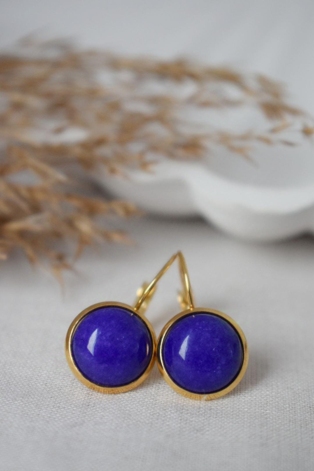 Blue Jade Earrings, 12mm Gemstone Dangle Earrings, Golden Round Stone Lever Back Earrings, Gift For Her, Handmade Jewelry, Mother's day Gift
