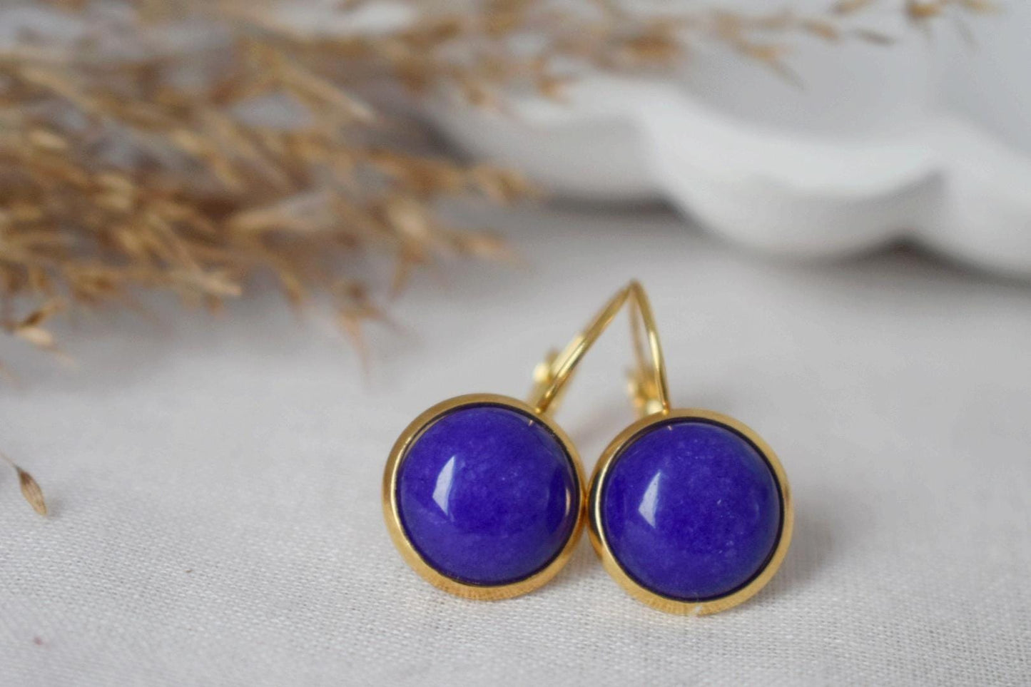 Blue Jade Earrings, 12mm Gemstone Dangle Earrings, Golden Round Stone Lever Back Earrings, Gift For Her, Handmade Jewelry, Mother's day Gift