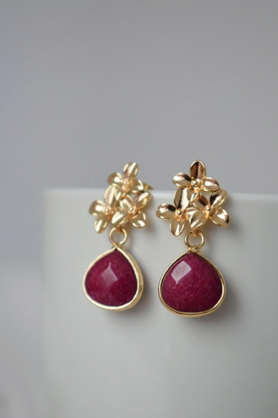 Wine Red Jade Teardrop Earrings, Burgundy Gemstone Dangle Earrings, 18K Gold Flower Stud, Handmade Jewelry, Unique Christmas Gift for Her